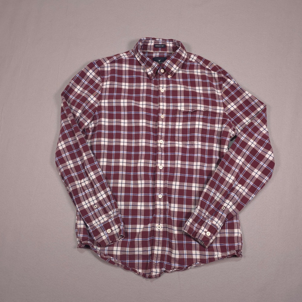 American Eagle Seriously Soft Plaid Flannel Shirt Maroon Blue Mens Medium 01933